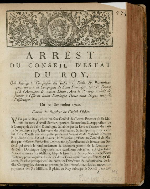 Arrest du Conseil d'Estat du Roy, qui subroge la Compagnie des Indes aux droits & pretentions appartenant à la Compagnie de Saint Domingue  1720